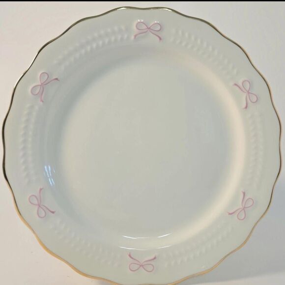 Pink Bow Salad Plates: Yedi Ceramic White Gold Trim 8 in. Set of 6. NWOT - Picture 1 of 5